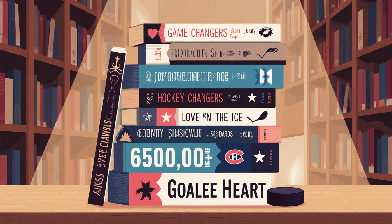 Stack of hockey romance books with Game Changers title and 650000+ copies sold bold text in a warm library background