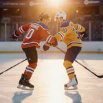 Two male figure skaters spin toward each other with intertwined blades and sunset glow creating a romantic hockey scene.