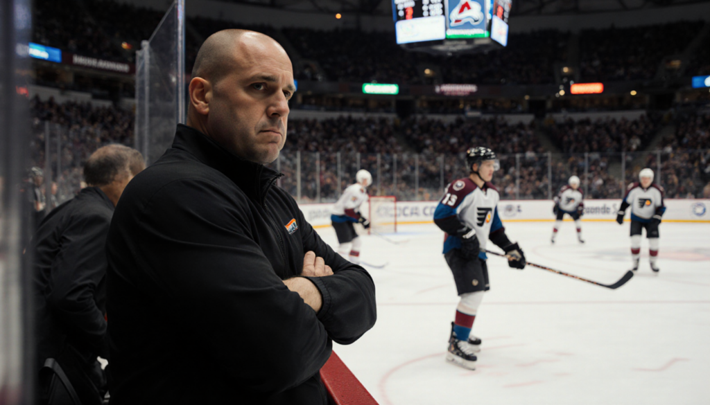 Travis Konecny stands with arms crossed looking at Rick Tocchet who fumes behind the bench with score showing 3‑2 loss in hoc