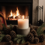 Candle sits on wooden coffee table with pinecones and evergreen branches and a warm glow from a nearby holiday fireplace