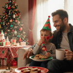 Parent comforting sniffling child with coffee and cookies as holiday decorations glow in background