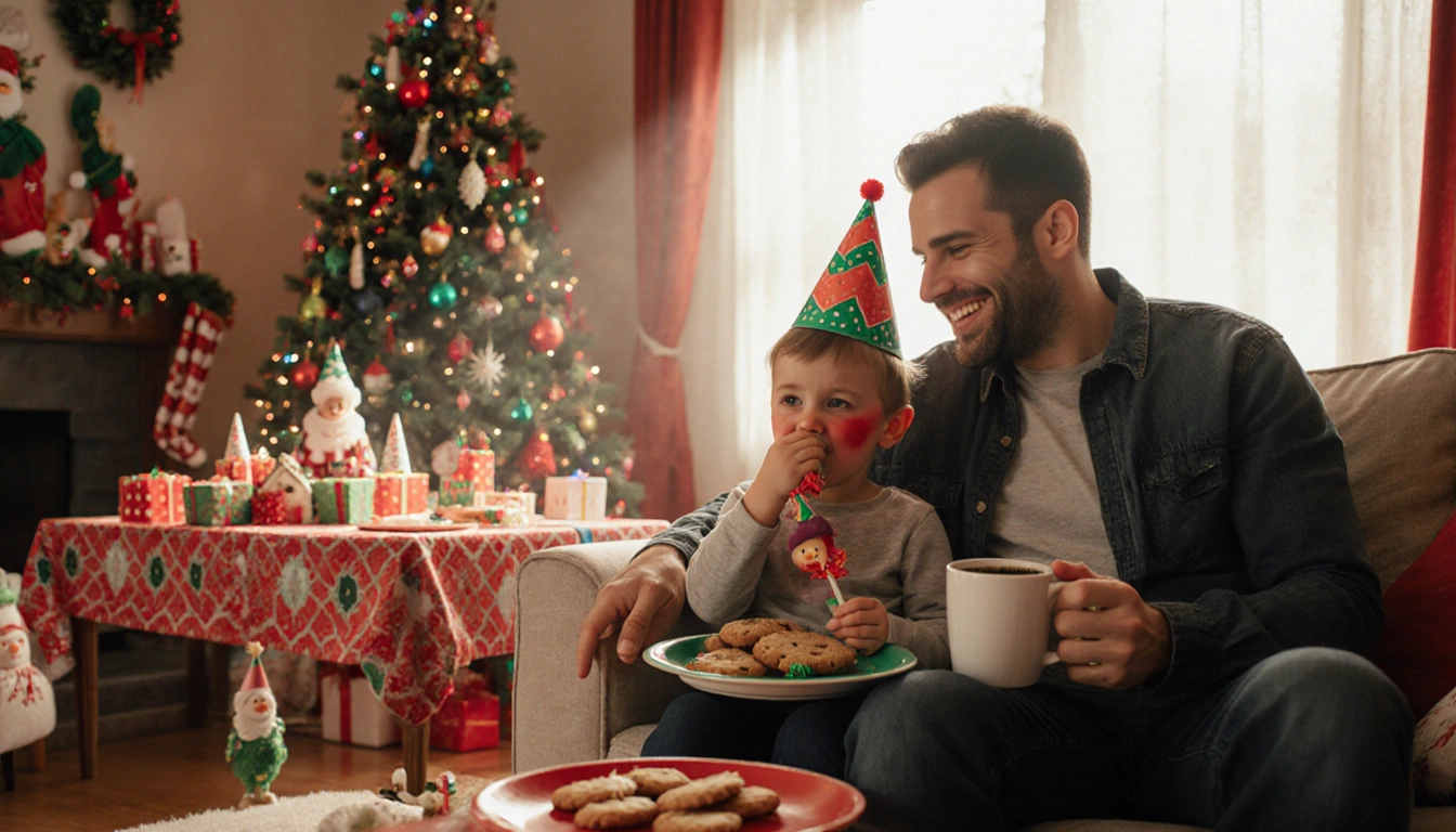Parent comforting sniffling child with coffee and cookies as holiday decorations glow in background