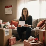 Woman studying a receipt with unwrapped gifts and a return package in a cluttered living room