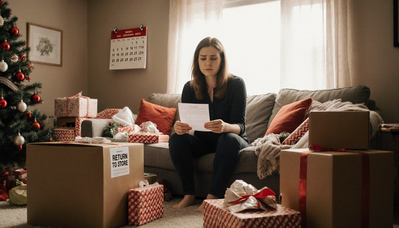 Woman studying a receipt with unwrapped gifts and a return package in a cluttered living room
