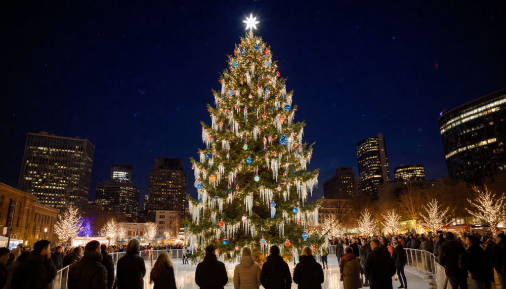 Holiday tree illuminates RiverRink Winterfest with icicle lights and ornaments while people smile around it and skyline glows