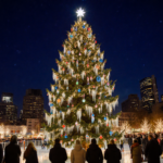 Holiday tree illuminates RiverRink Winterfest with icicle lights and ornaments while people smile around it and skyline glows