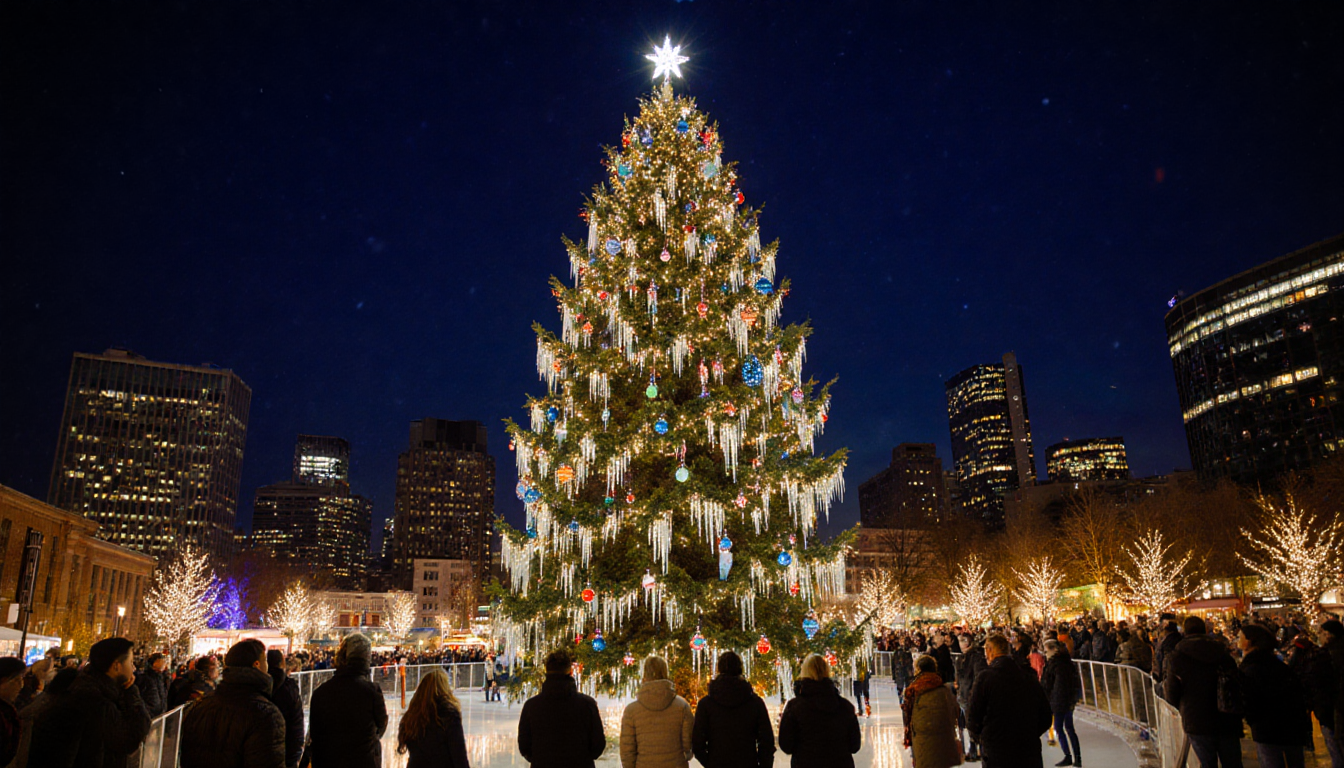 Holiday tree illuminates RiverRink Winterfest with icicle lights and ornaments while people smile around it and skyline glows