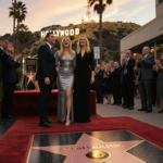 Sarah Paulson stands proudly beside her Hollywood Walk of Fame star with the iconic sign glowing in the dusk sky