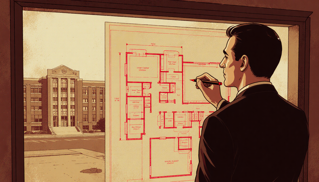 Chris Columbus stands before blueprint with red highlighter pointing to Home Alone solution window of school campus behind.