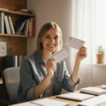 Smiling person holding up a checkbook with a warm home office backdrop and finance books nearby.
