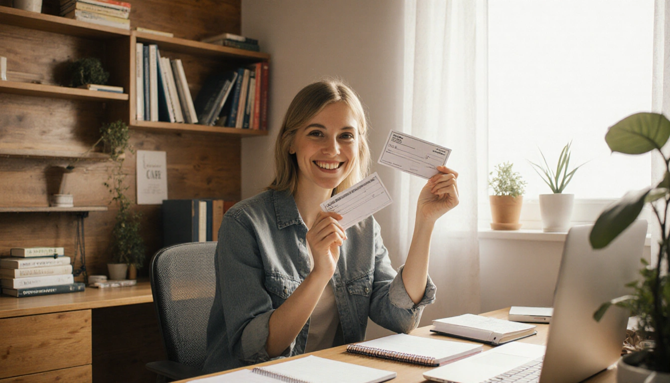 Smiling person holding up a checkbook with a warm home office backdrop and finance books nearby.