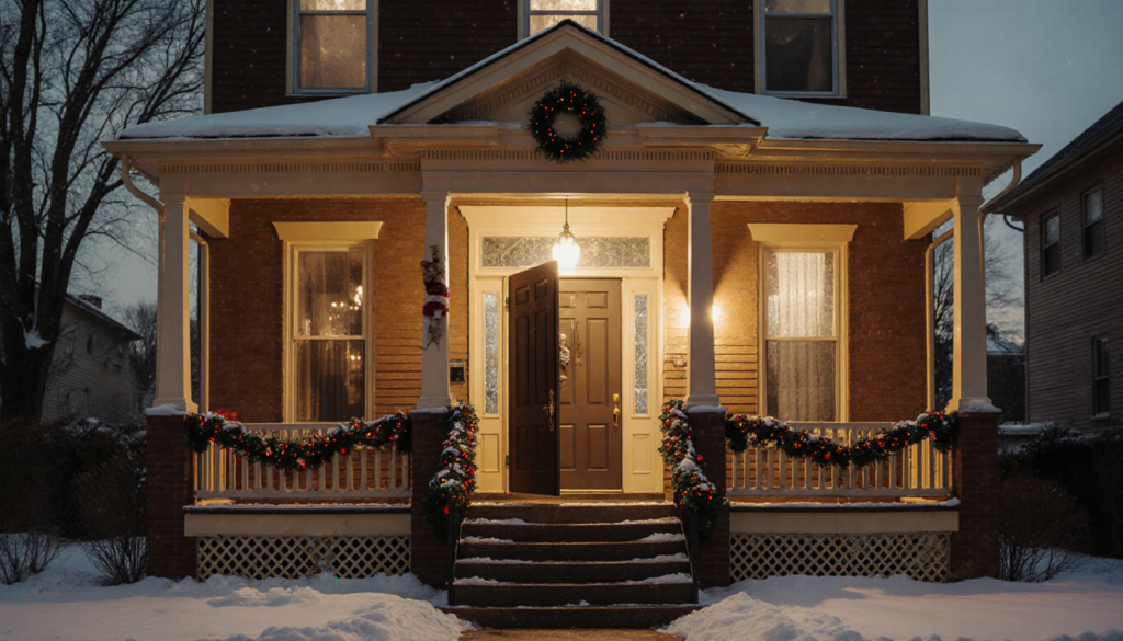 Front door ajar with golden light and snowy Chicago backdrop festive holiday decorations visible on porch