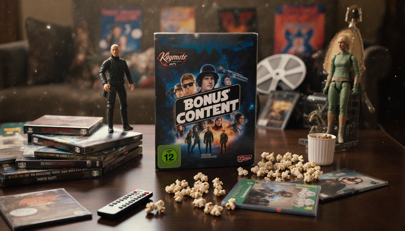 Home video package displayed on coffee table with Bonus Content label and collectibles action figures posters DVDs and popcor