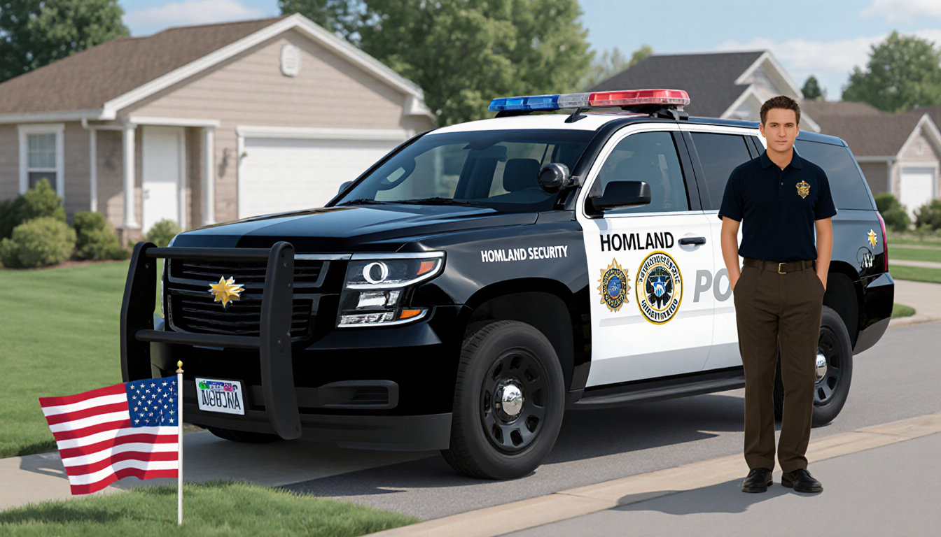 Cabral stands casually near a marked Homeland Security police vehicle with a personal license plate holding an American flag.