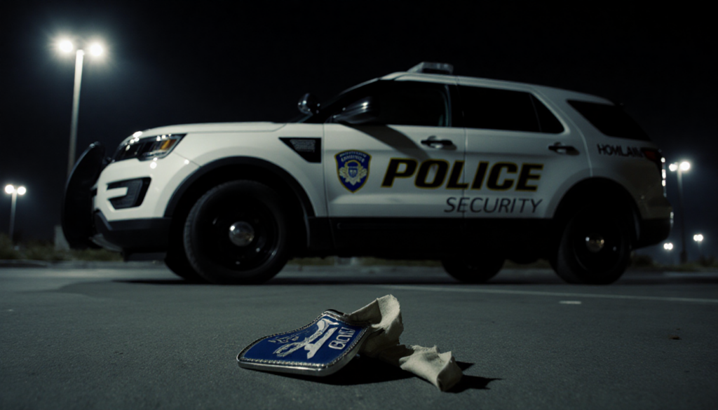 Homeland Security vehicle parks with logo and torn badge on ground and flickering streetlights overhead.