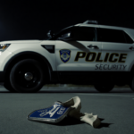 Homeland Security vehicle parks with logo and torn badge on ground and flickering streetlights overhead.