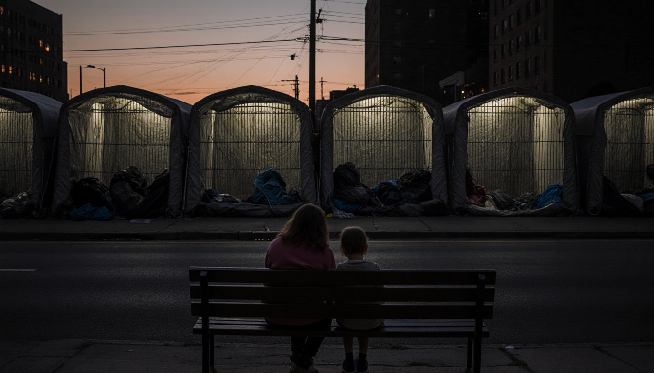 Mother and child sitting on bench with heads bowed surrounded by rows of glowing shelters at dusk in Philadelphia