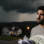 Homeowner holding bills with worried expression against stormy sky and flickering streetlight near their house