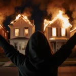 Young woman standing shocked with arms raised near fire homes and glowing windows at night in Chester