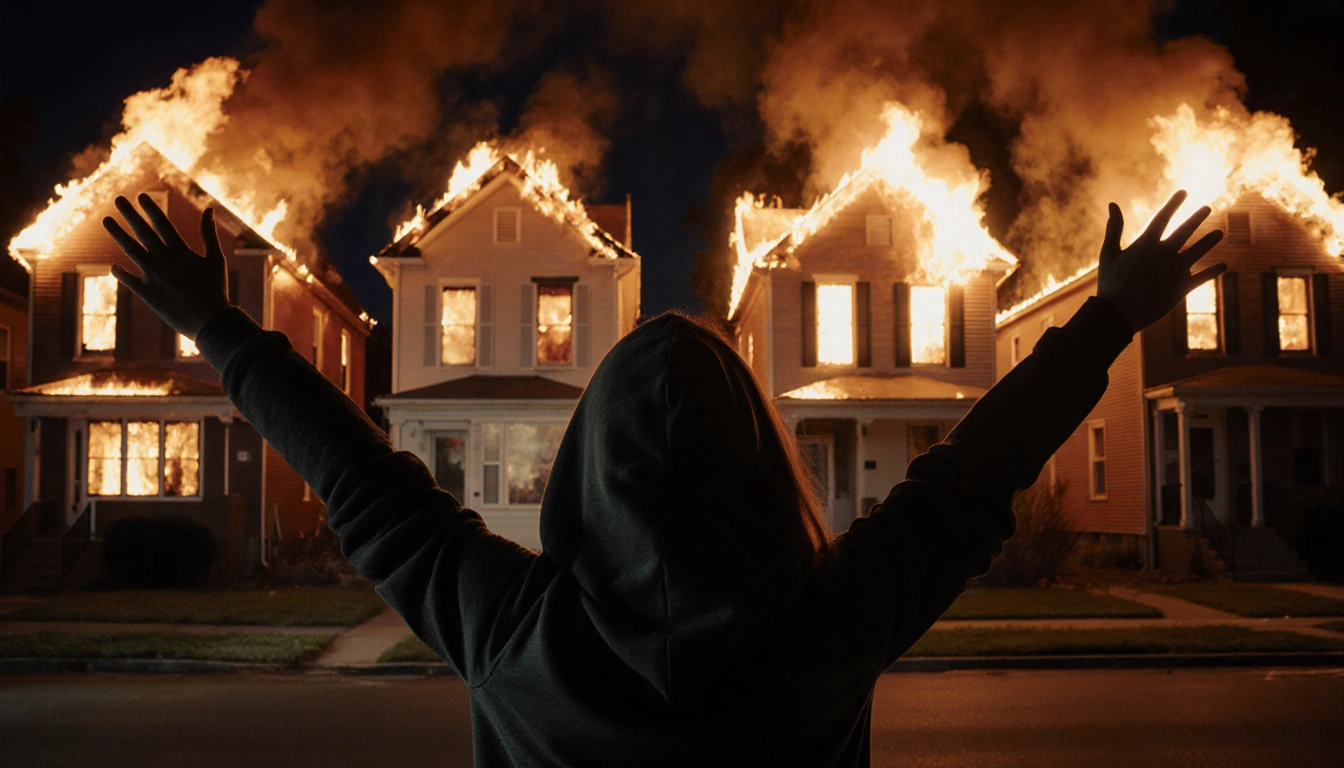 Young woman standing shocked with arms raised near fire homes and glowing windows at night in Chester