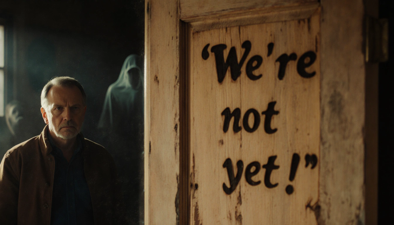 Hopper reflecting in dim room with worn wooden door etched with quote and ghostly echoes