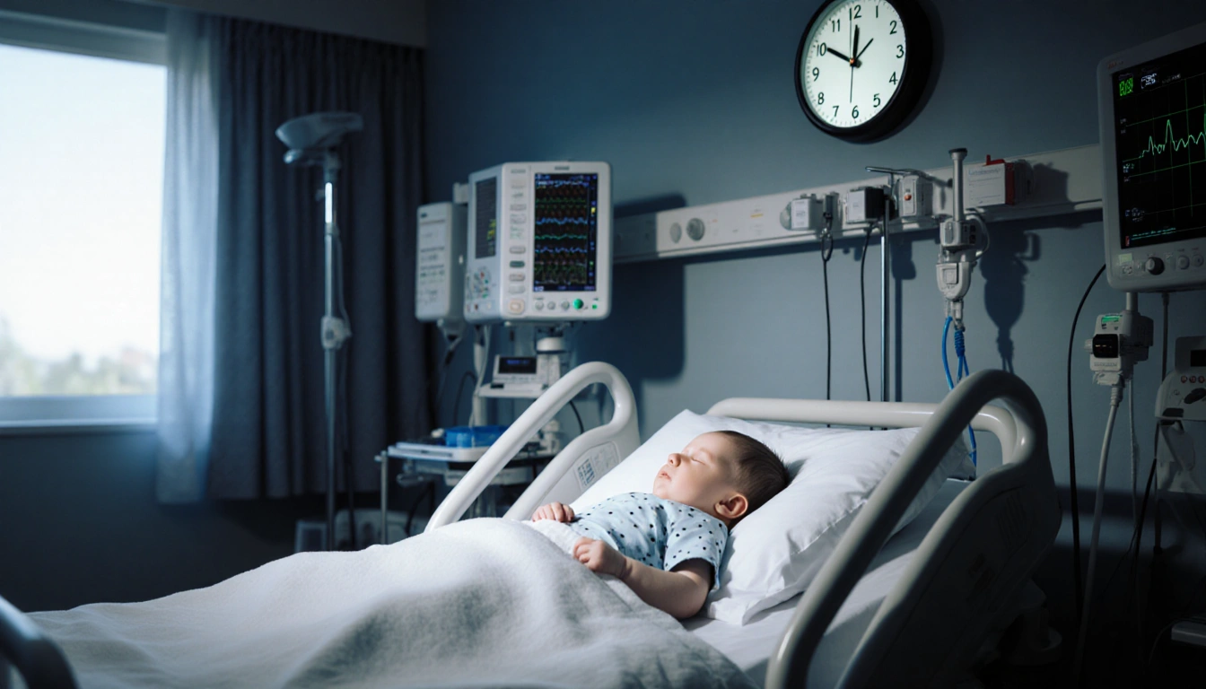 Lifeless infant lying on a hospital bed with flatline monitors and a 2:34 a.m. clock with morning light casting shadows.