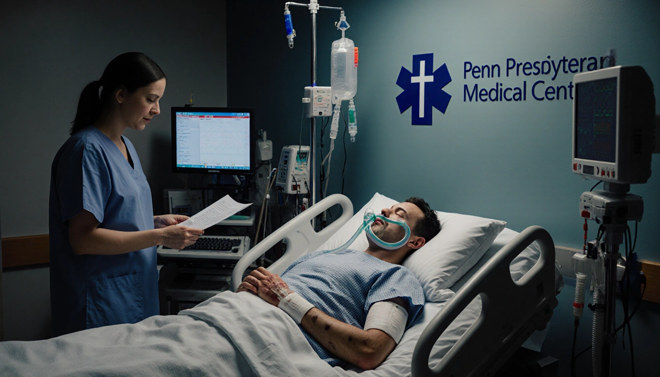 Doctor reviewing chart beside patient on hospital bed with monitors and IV tubing nearby wall displays Penn Presbyterian logo