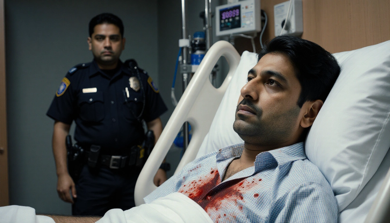 Patient lying in hospital bed with gunshot wound and bloodstained shirt while police officer watches in dimly lit room.