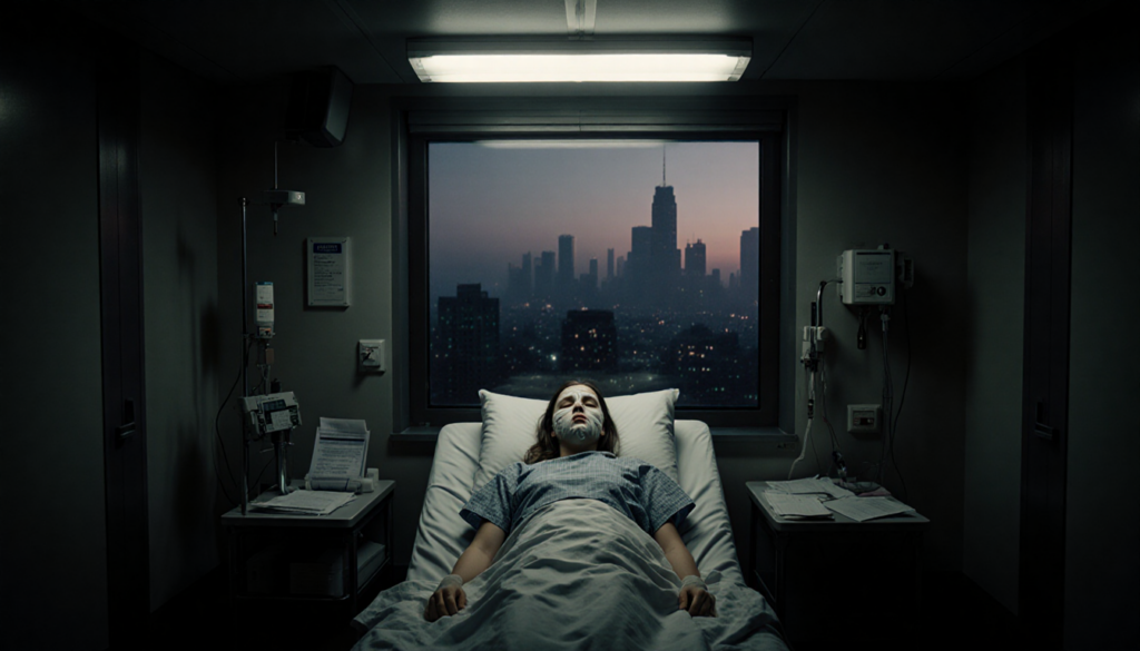 Young woman lying on hospital emergency room bed with flickering fluorescent light and misty Philadelphia skyline outside