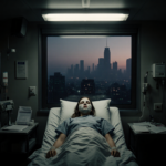 Young woman lying on hospital emergency room bed with flickering fluorescent light and misty Philadelphia skyline outside
