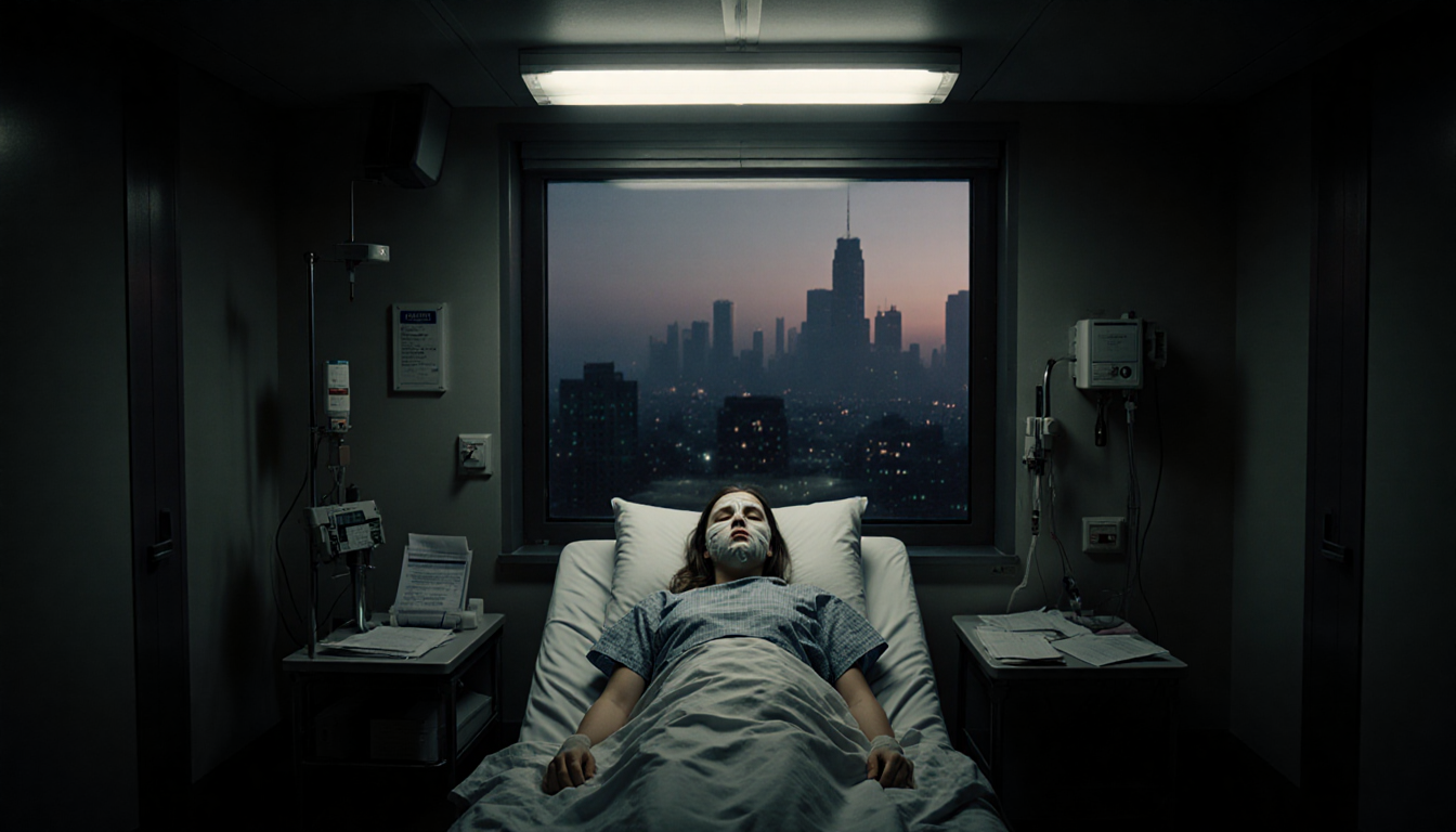 Young woman lying on hospital emergency room bed with flickering fluorescent light and misty Philadelphia skyline outside