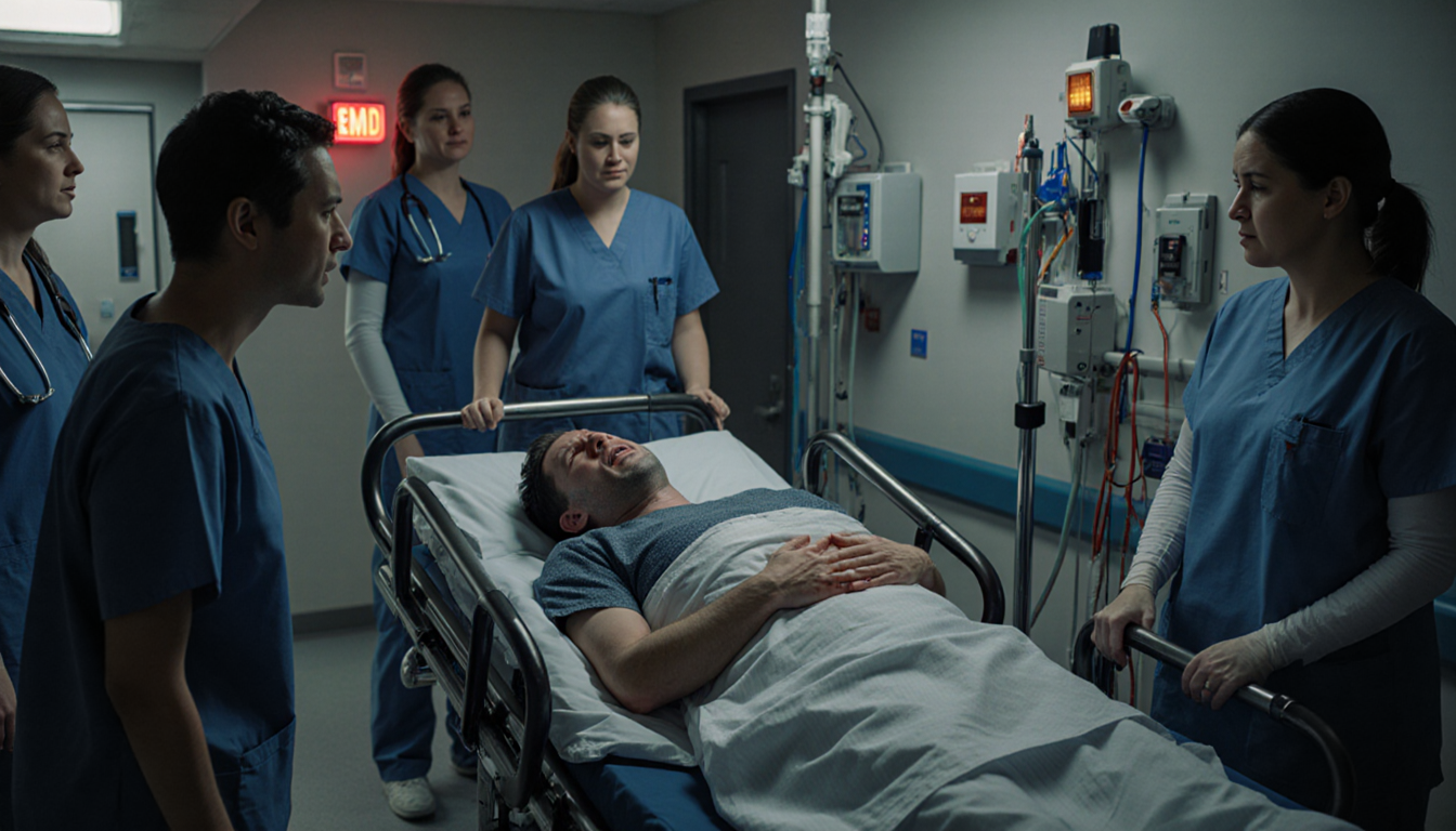 Patient holding stomach in pain with doctors and nurses gathering around in emergency room