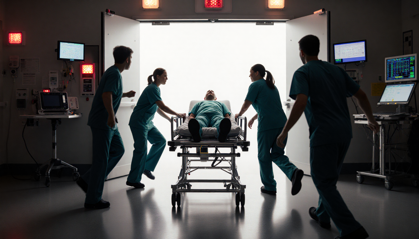 Hospital gurney with a patient being wheeled into an emergency room with medical staff in scrubs rushing and monitors beeping