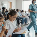 Two children sit on a bench in an emergency room with a nurse in PPE rushing past a thermometer and medication bottle