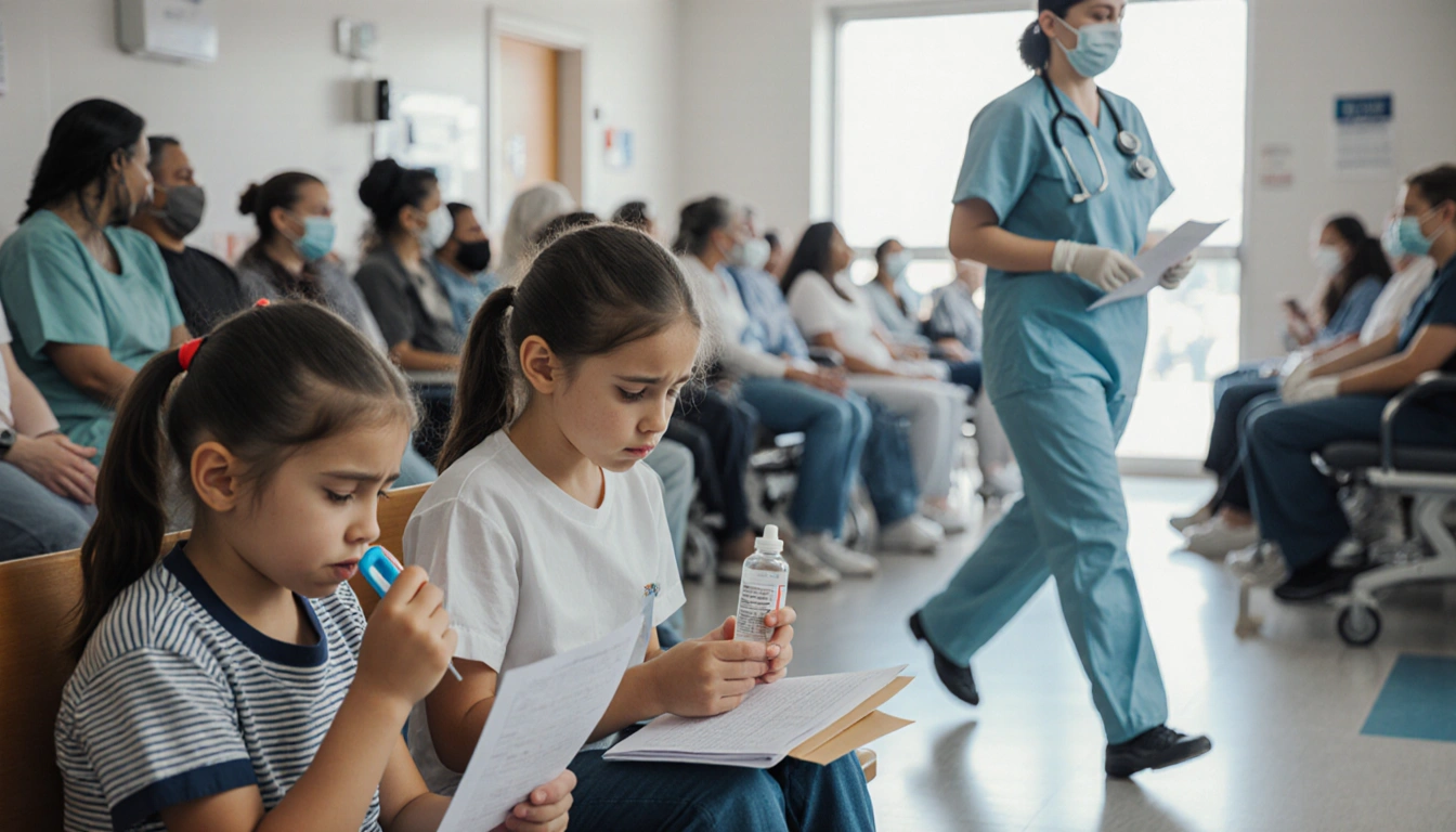 Two children sit on a bench in an emergency room with a nurse in PPE rushing past a thermometer and medication bottle