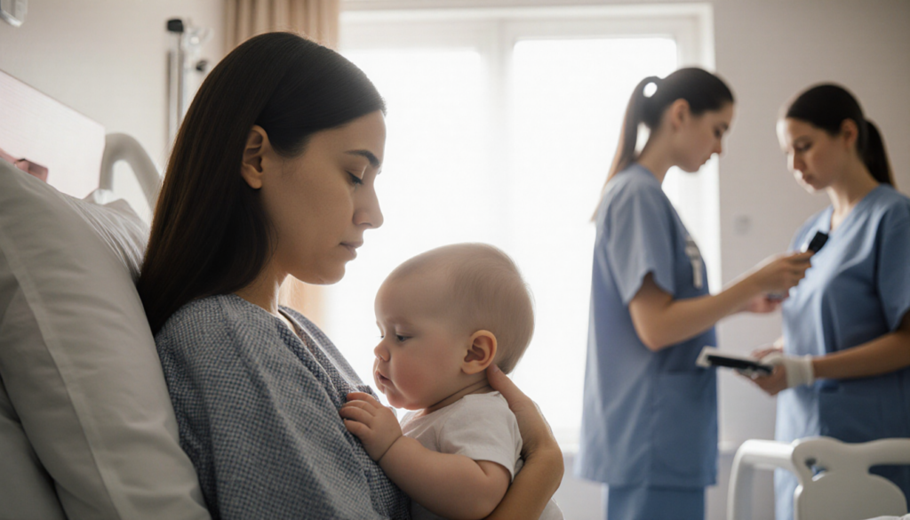 Young mother gently cradles her child