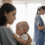 Young mother gently cradles her child