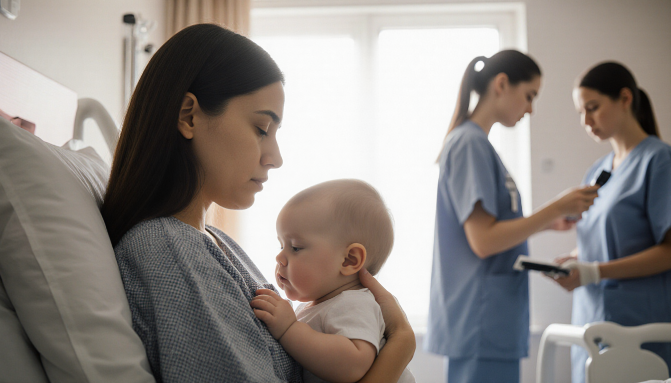 Young mother gently cradles her child