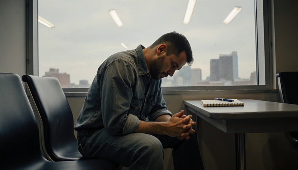 Man in worn jeans slumps forward with hands clasped on his lap in hospital waiting room near a West Philadelphia cityscape
