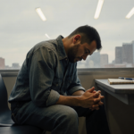 Man in worn jeans slumps forward with hands clasped on his lap in hospital waiting room near a West Philadelphia cityscape