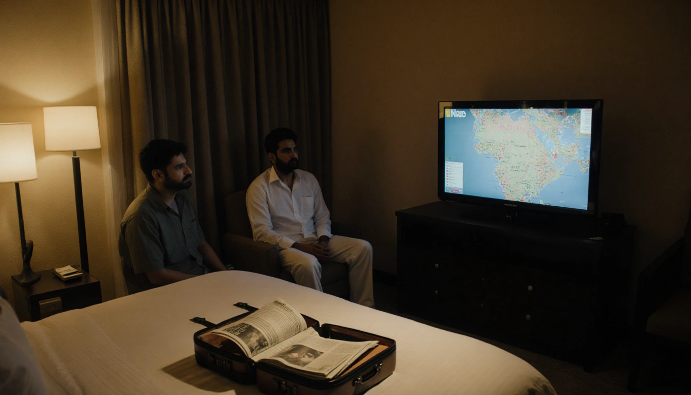 Father and son sit in room with newspaper and open suitcase on bed showing travel itinerary near TV.