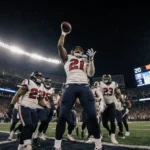 Texans player C.J. Stroud holds a touchdown ball with teammates celebrating while the scoreboard reads 20-16 in a dim stadium