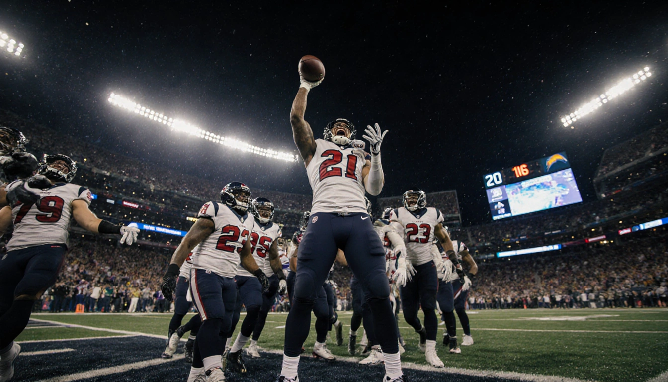 Texans player C.J. Stroud holds a touchdown ball with teammates celebrating while the scoreboard reads 20-16 in a dim stadium