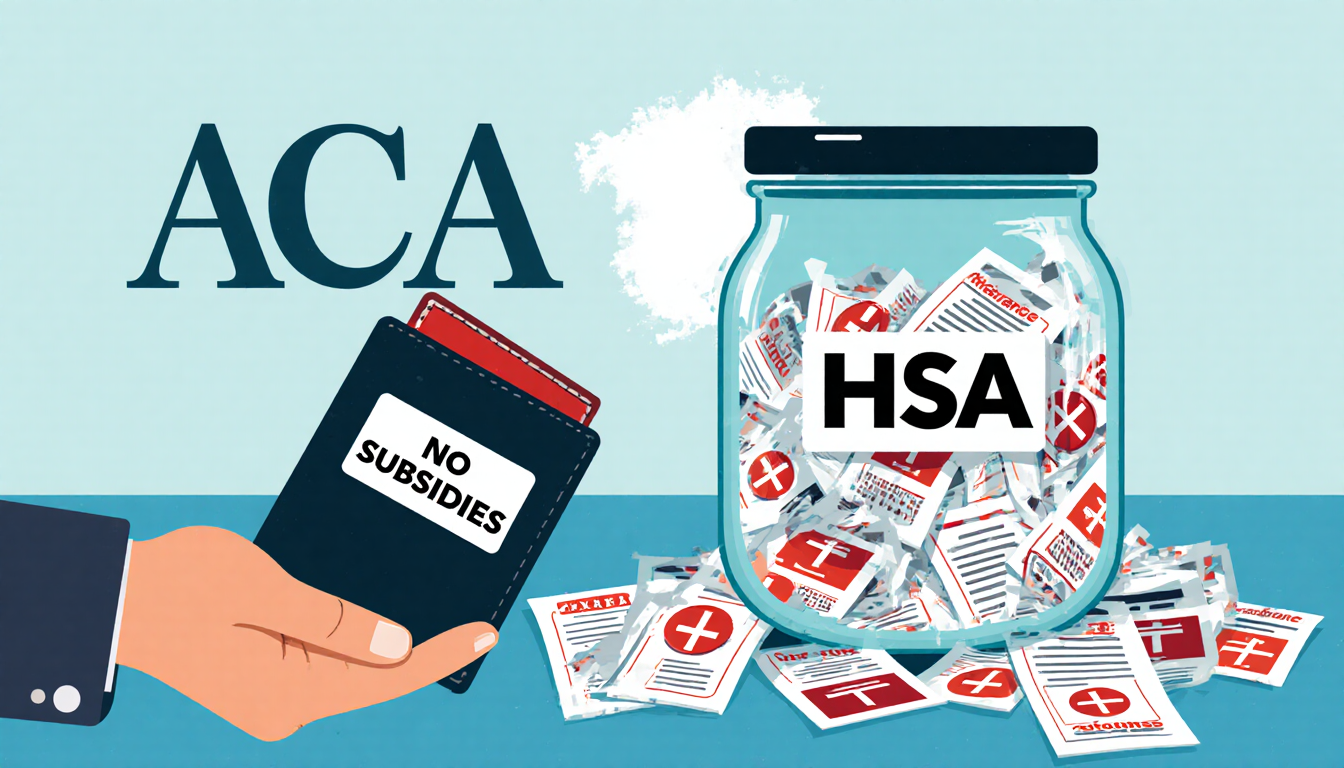 Person holding an empty wallet labeled “No Subsidies” with an overflowing HSA jar full of cash and fading medical bills.