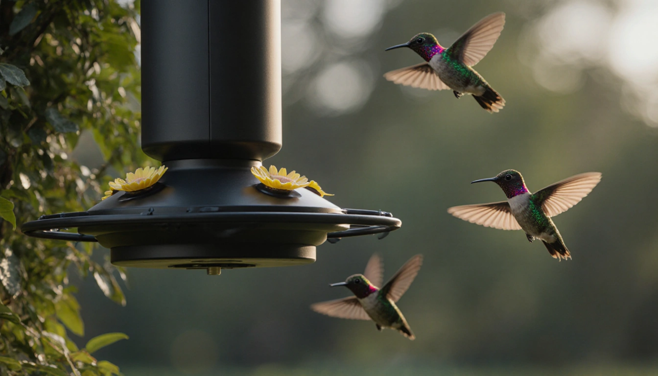 Birdfy hummingbird feeder pumping nectar with hydraulic pistons while hummingbirds hover near its panel with alerts