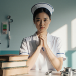 Young nurse stands between two textbooks and medical equipment with a determined expression.