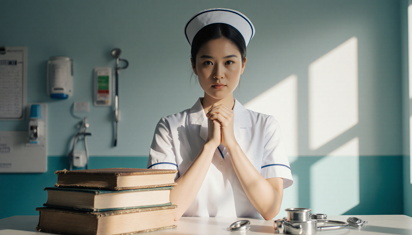 Young nurse stands between two textbooks and medical equipment with a determined expression.