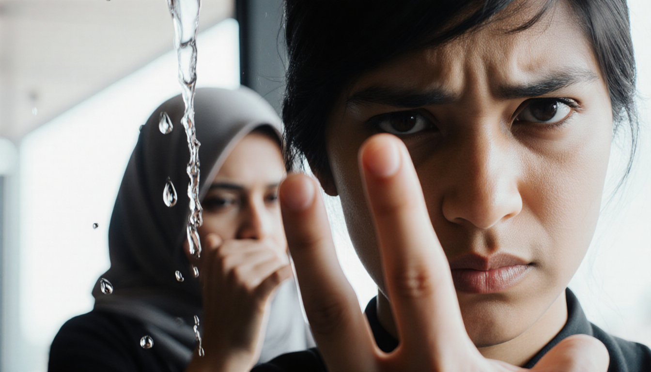 Cinnabon employee throws water with disdain hijab‑wearing woman shields herself back and two middle fingers rise foreground