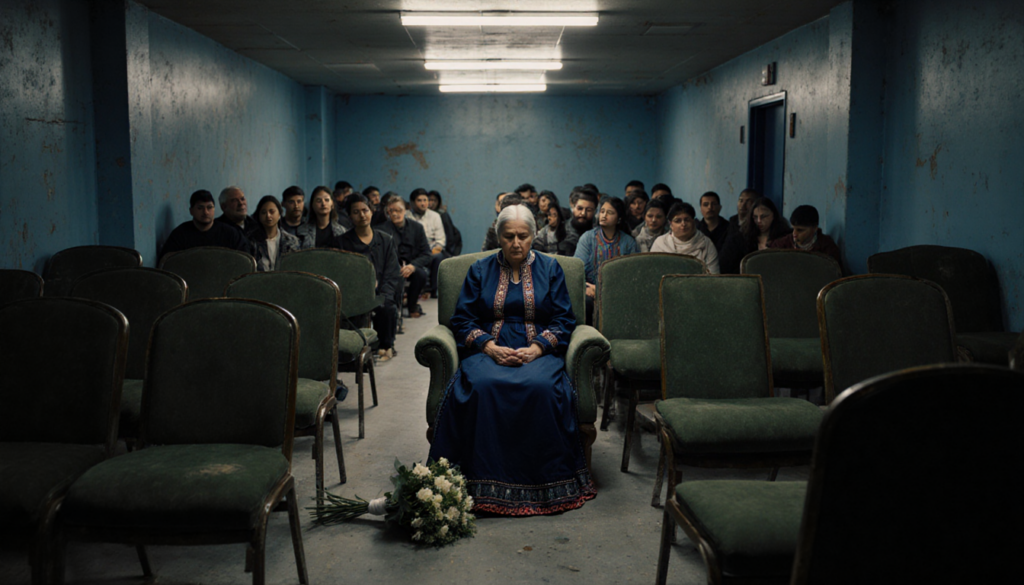 Middle-aged woman in Ukrainian dress sits alone in detention center waiting area with abandoned bouquet on floor and flickeri