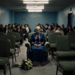Middle-aged woman in Ukrainian dress sits alone in detention center waiting area with abandoned bouquet on floor and flickeri